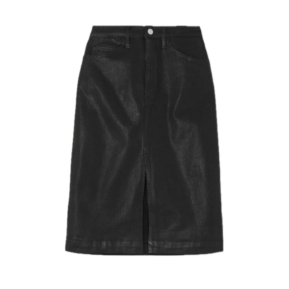 FRAME Coated Cotton-Blwns Split-Hem Midi Skirt (Noir Coated Black) - Picture 7 of 16